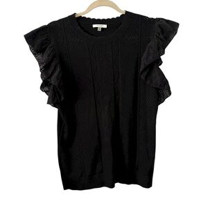 Sioni Medium Black Ruffle Eyelet Sleeve Top Textured Sweater Blouse